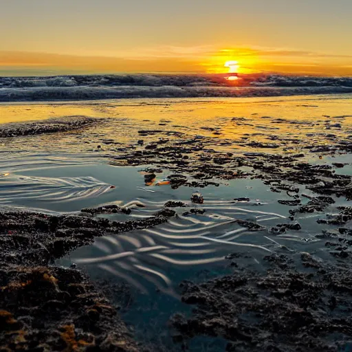 Prompt: tide pool filled sea creatures at sunset