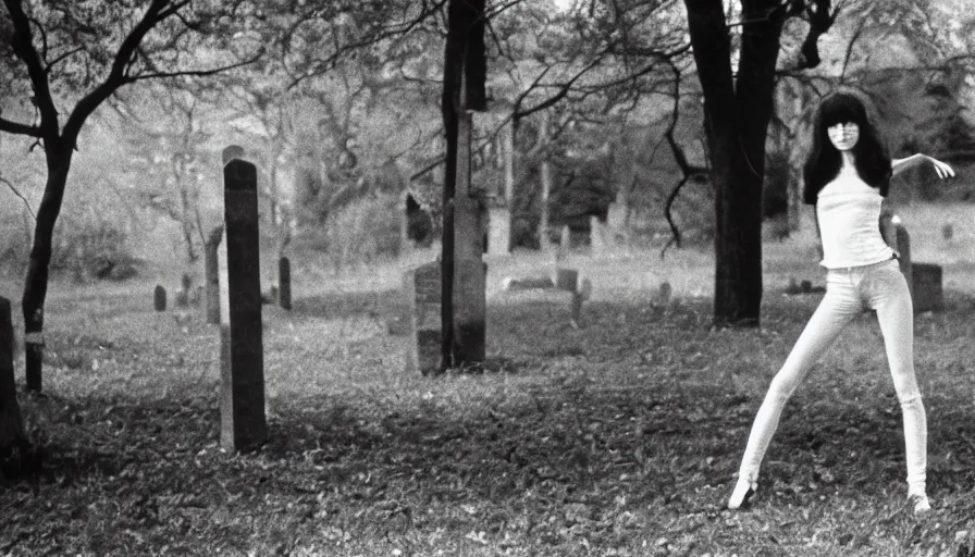 Prompt: 7 0 s film still from a horror movie starring a person with anorexia dancing in a graveyard, kodachrome, cinecolor, cinestill, photorealism, cinematic, film grain, film texture, vhs recording