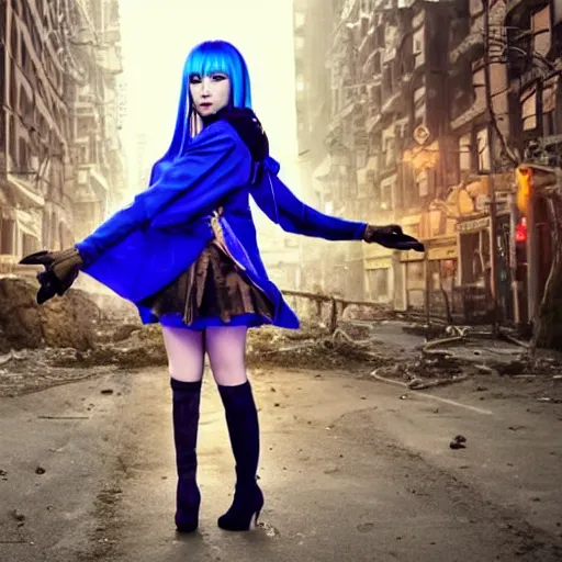 Prompt: stunning, breathtaking, awe-inspiring award-winning photo of an attractive young asian elf woman with pointy ears and blue hair, wearing a miniskirt and knee-high boots, crouching in an endlessly sprawling hazy abandoned city at night, 8K