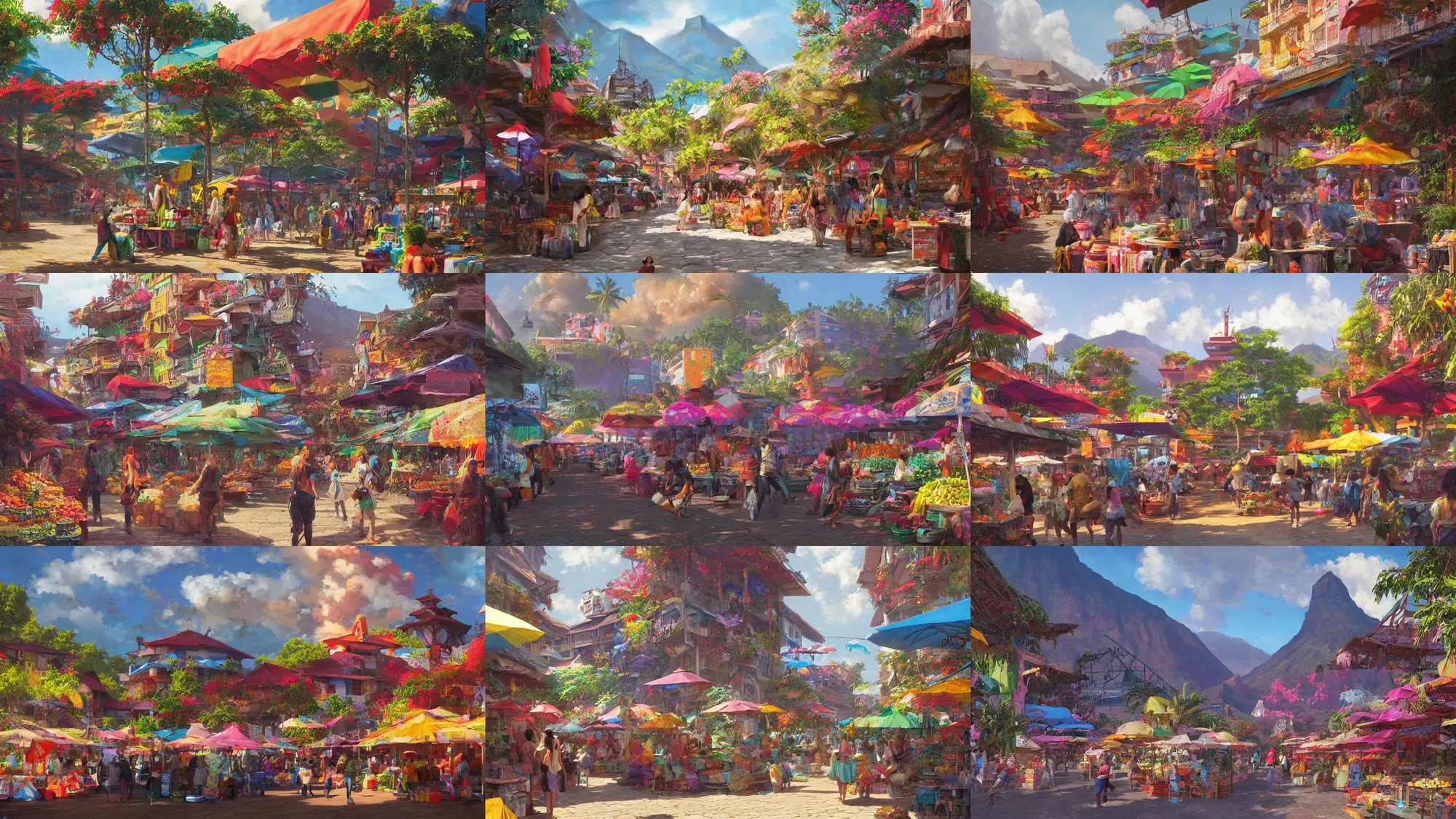 Prompt: colorful marketplace in Reunion Island, anime, a fantasy digital painting by Greg Rutkowski, by James Gurney,trending on artstation,highly detailed