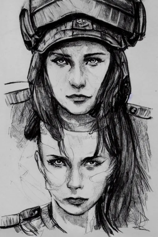 Prompt: beautiful portrait of a young ukrainian female soldier, frank miller style, sketch