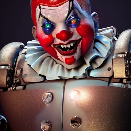 Image similar to clown from the movie it as a cyborg robot on a miniature town, studio lighting, unreal render, unreal engine 5, octane render, enchanted plants, cinematic, intricate, ornate, photorealistic, ultra detailed, realistic, 1 0 0 mm, photography, octane, high definition, depth of field, bokeh, 8 k, behance, trending on artstation