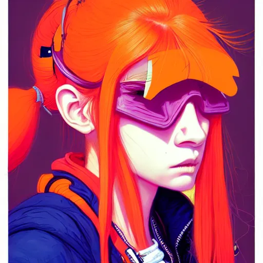 Image similar to portrait painting of a teenage girl with swept back wild orange hair and punk clothes, sharp focus, award - winning, trending on artstation, masterpiece, highly detailed, intricate. art by josan gonzales and moebius and deathburger