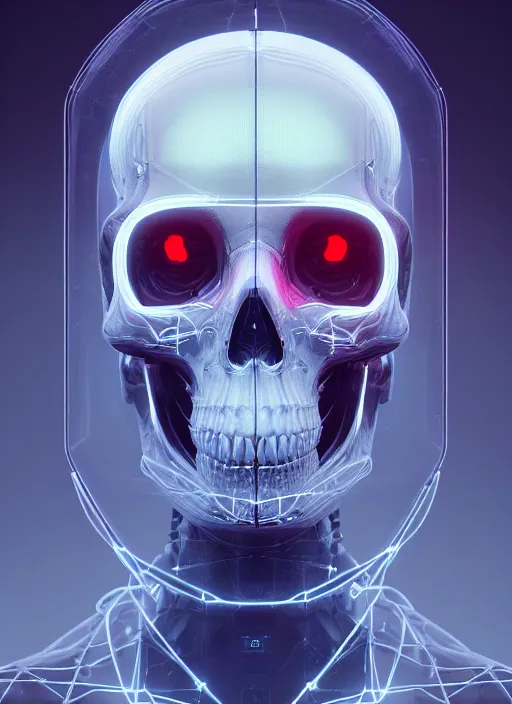 Image similar to symmetry!! portrait of frosted plastic wrapped skull, sci - fi, tech wear, glowing lights!! intricate, elegant, highly detailed, digital painting, octane render, photo realistic