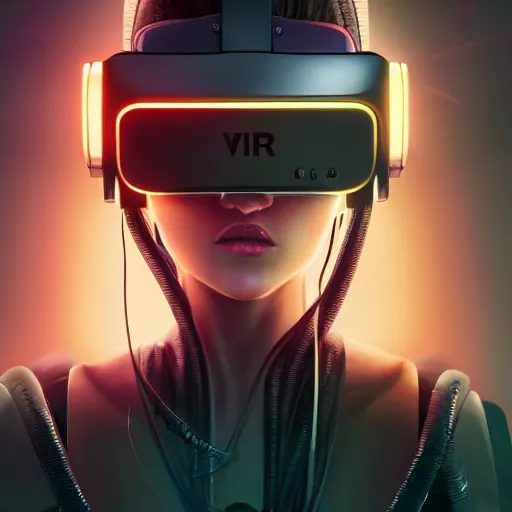 Prompt: Cute cyborg girl with VR helmet , surrounded by cables , illustrated by Greg Rutkowski and Moebius, 35mm lens, beautiful macro close-up imagery, vibrantly lush neon lighting, beautiful volumetric-lighting-style atmosphere, a dark future atmosphere, intricate, ultra detailed, photorealistic imagery, trending on artstation, 4k, 8k