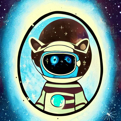 Prompt: Illustration of a raccoon astronaut with the cosmos reflecting on the glass of his helmet dreaming of the stars, trending on artstation