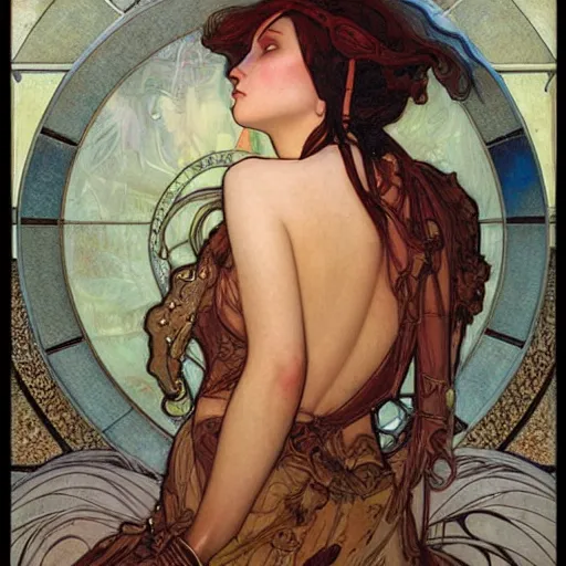 Prompt: romantic painted portrait of cortana by james jean, mucha