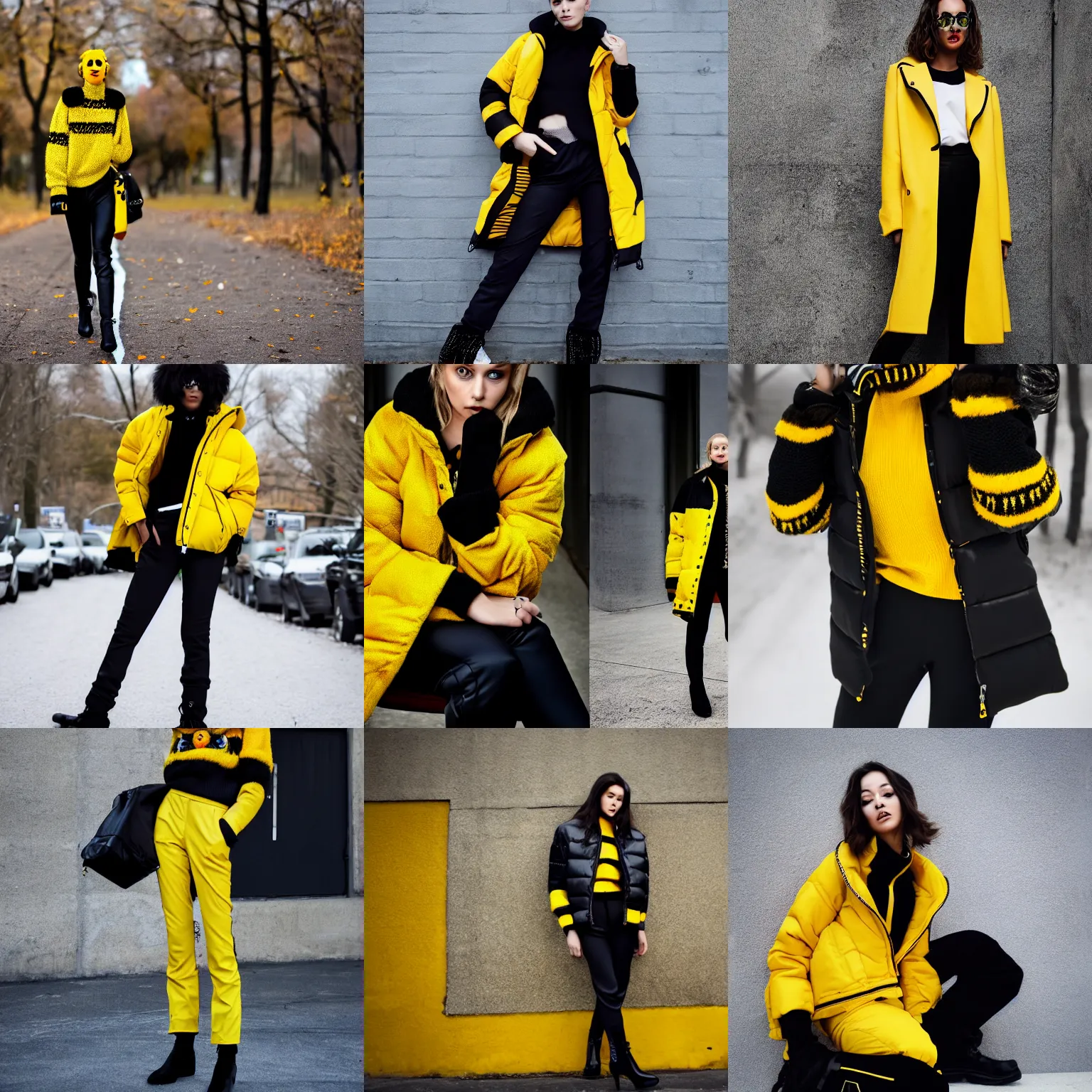 Prompt: fashion photography. she is wearing black ski pants ; a yellow sweater with a bumblebee on the chest ; and an oversized, high - shine, black puffer jacket ; and black boots.