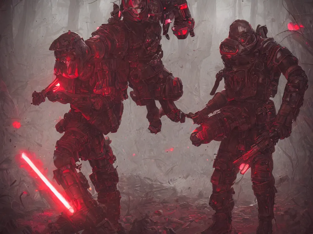 Image similar to tactical combat squad in red hoods in exoskeletons with edged weapons fighting otherworldly monsters werewolves between the mystical foggy swamp dieselpunk style. Style as if Dan Mumford and Steven Belledin make game in Unreal Engine, photorealism, colorful, finalRender iridescent fantasy concept art 8k resolution concept art ink drawing volumetric lighting bioluminescence, plasma, neon, brimming with energy, electricity, power, Colorful Sci-Fi Steampunk Biological Living, cel-shaded, depth, particles, lots of reflective surfaces, subsurface scattering