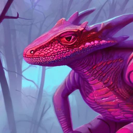 Image similar to concept art painting of an anthropomorphic lizard wearing magenta wizard robes, in the deep forest, realistic, detailed, cel shaded, in the style of makoto shinkai and greg rutkowski and james gurney