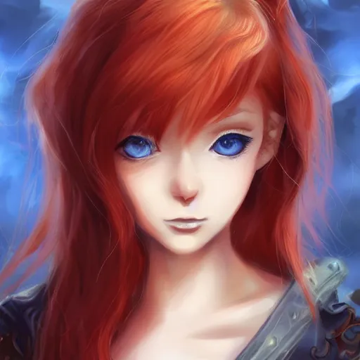 Prompt: portrait of a beautiful cute redhead from anime with big blue eyes, fantasy, intricate, elegant, highly detailed, digital painting, artstation, concept art, smooth, sharp focus, illustration, landscape on background