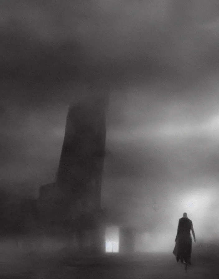 Image similar to very low - resolution found footage of a couple escaping in the city from a starfish kaiju monster, fog, foggy, korean film noir, monochrome, red hue, thriller, underdeveloped, epic, dramatic