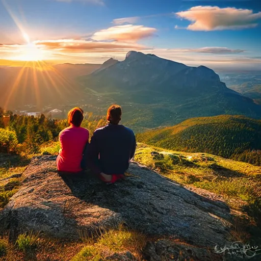 Prompt: a happy couple sitting on a mountain watching the sun rise, photograph, realistic, hdr