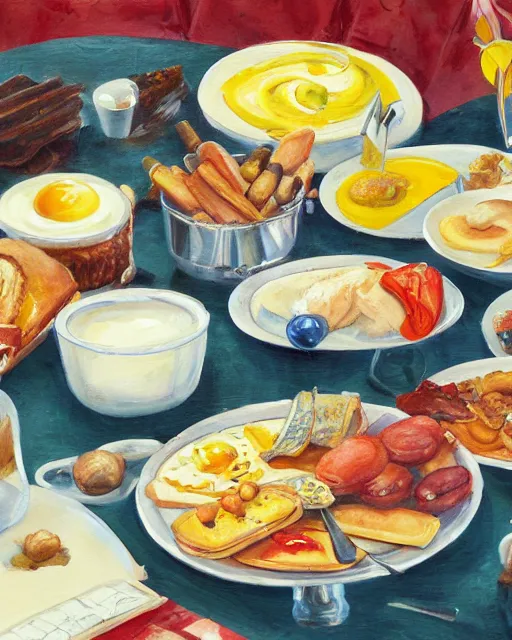 Image similar to a painting of a table full of breakfast foods, concept art by taro yamamoto, pixiv contest winner, auto - destructive art, official art, concept art, pixiv