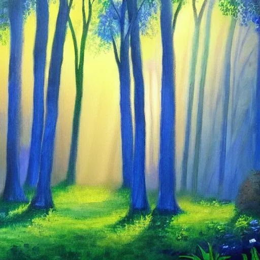 Image similar to a magical painting of a mystical forest clearing with sunrays