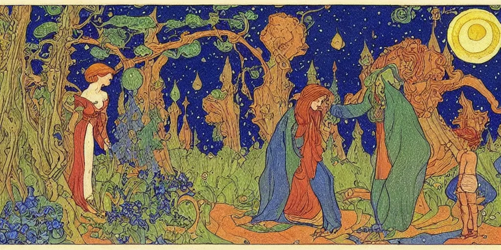 Image similar to a woman who moved to another planet with husband, hot weather, full growth, by Ivan Bilibin, Russian fairytales illustration