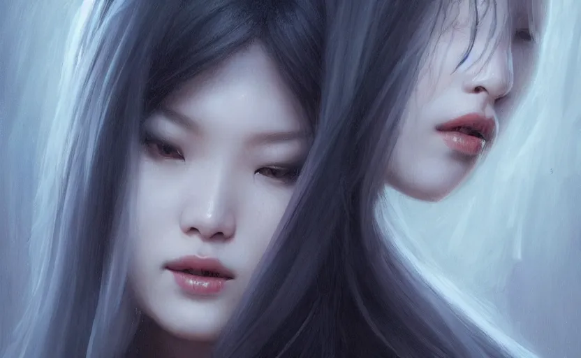 Prompt: blackpink jennie, as a vampire, soft grey and blue natural light, intricate, digital painting, artstation, concept art, smooth, sharp focus, illustration, art by greg rutkowski and luis rollo and uang guangjian and gil elvgren, symmetry!