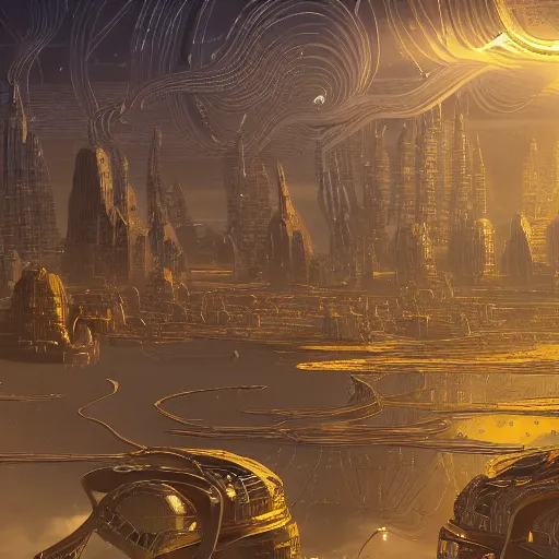 Prompt: gold and silver tones, cybernetic village on the outskirts of the universe, style of moebius, james jean, rutkowski, cinematic, high detail, award winning, 8 k photorealistic