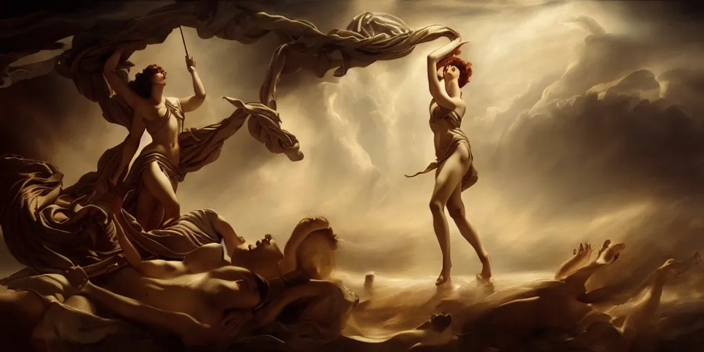 Prompt: greek mythology, by Rolf Armstrong and Evelyn De Morgan and Bastien Lecouffe-Deharme, dramatic lighting, high contrast colors, baroque, empyrean, panoramic view, as trending on Artstation, highly detailed, doom engine,