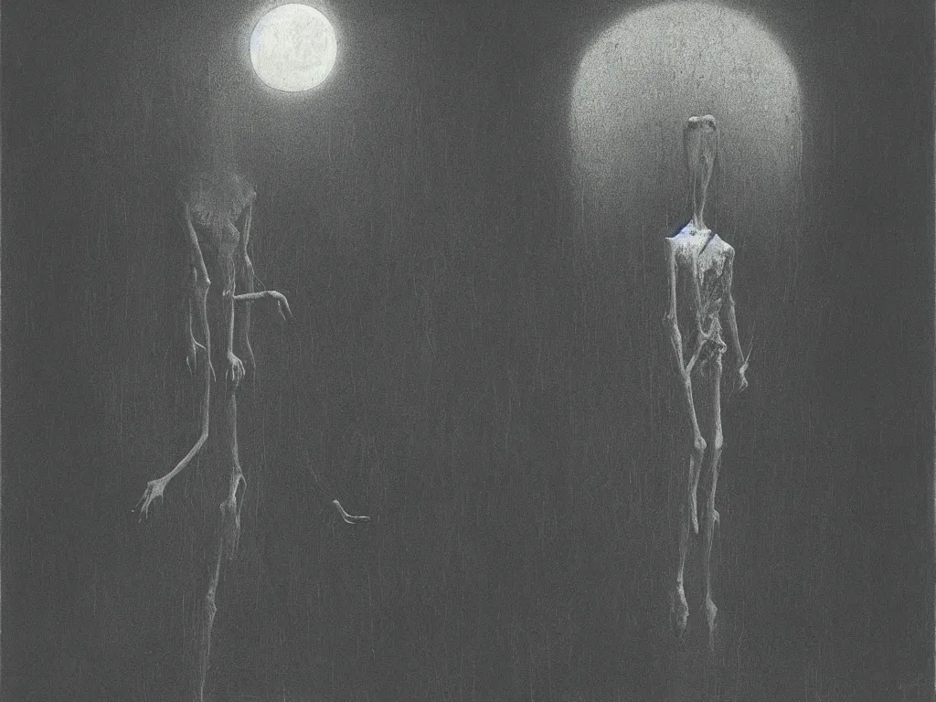 Image similar to a young slender man with a long red hair experiencing a nightmarish psychosis in a dark alley, full moon lighting, Painting by Beksinski, Max Ernst, Eric Lacombe, Eugene Berman