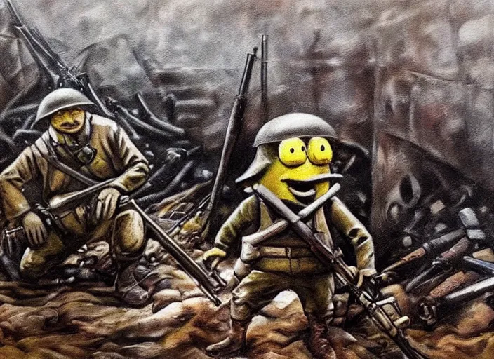 Image similar to realistic dark oil painting of spongebob squarepant inside ww 1 trenches, holding rifle, terrified, scared, war film