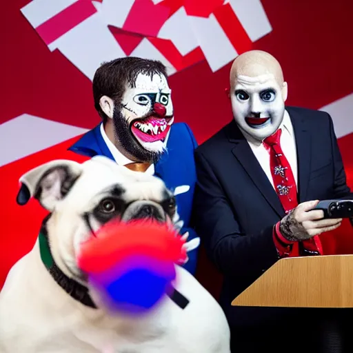 Prompt: a president with bulldog face and clown makeup taking a selfie in a podium next to an angry first minister