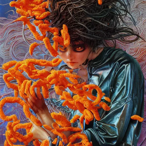 Prompt: realistic detailed image of Cheetos by Ayami Kojima, Amano, Karol Bak, Greg Hildebrandt, and Mark Brooks, Neo-Gothic, gothic, rich deep colors. Beksinski painting, part by Adrian Ghenie and Gerhard Richter. art by Takato Yamamoto. masterpiece