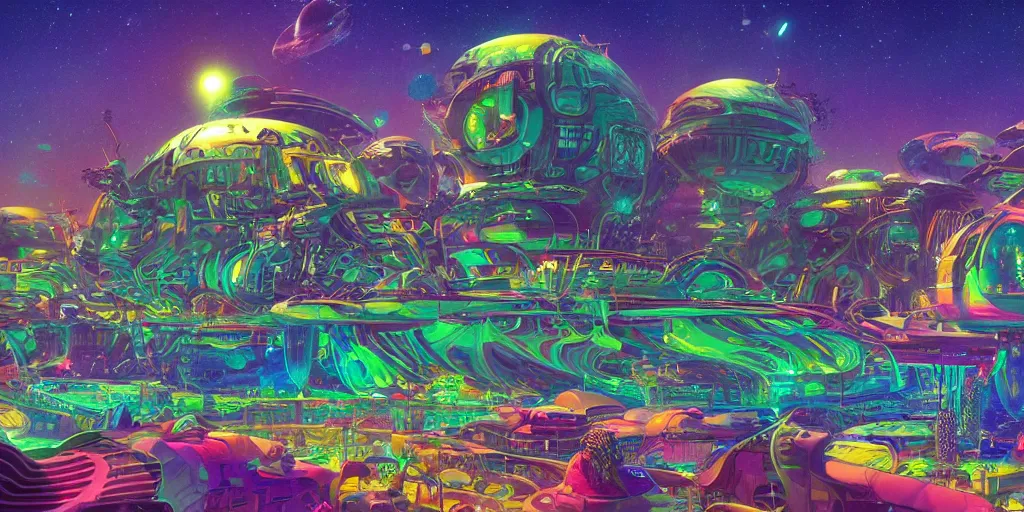 Prompt: a psychedelic retro sci fi city in space by roger dean, digital art, trending on artstation, 4k