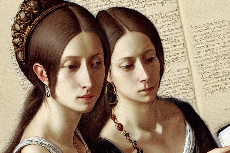 Image similar to portrait of two wise and very beautiful women reviewing some texts, art by tiziano, intricate, elegant, highly detailed, smooth, sharp focus, artstation