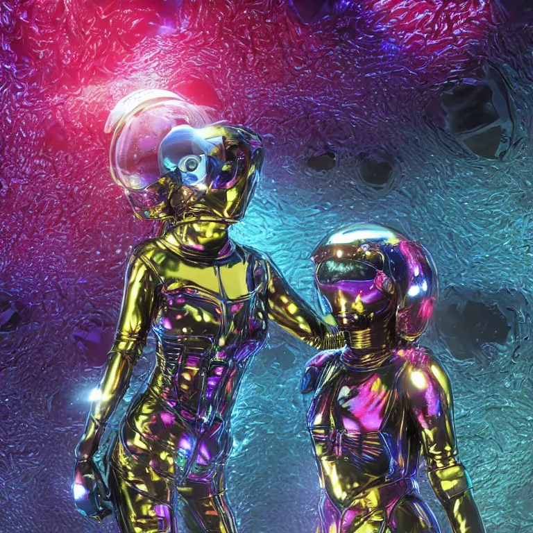 Prompt: octane render by wayne barlow and carlo crivelli and glenn fabry, a woman in a skintight colorful shiny black spacesuit with colorful iridescent metal detailing, covered in bright colorful alien flora and fauna inside a massive cavernous metal dome, cinema 4 d, ray traced lighting, ultra - detailed, volumetric lighting