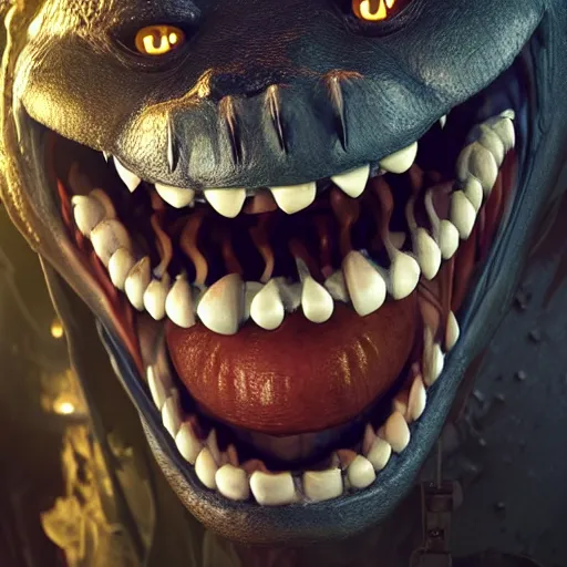 Prompt: logo of a monster with a very toothy smile, 8 k, shallow depth of field, greg rutkowski, moody lighting, ultra high detail, concept art,