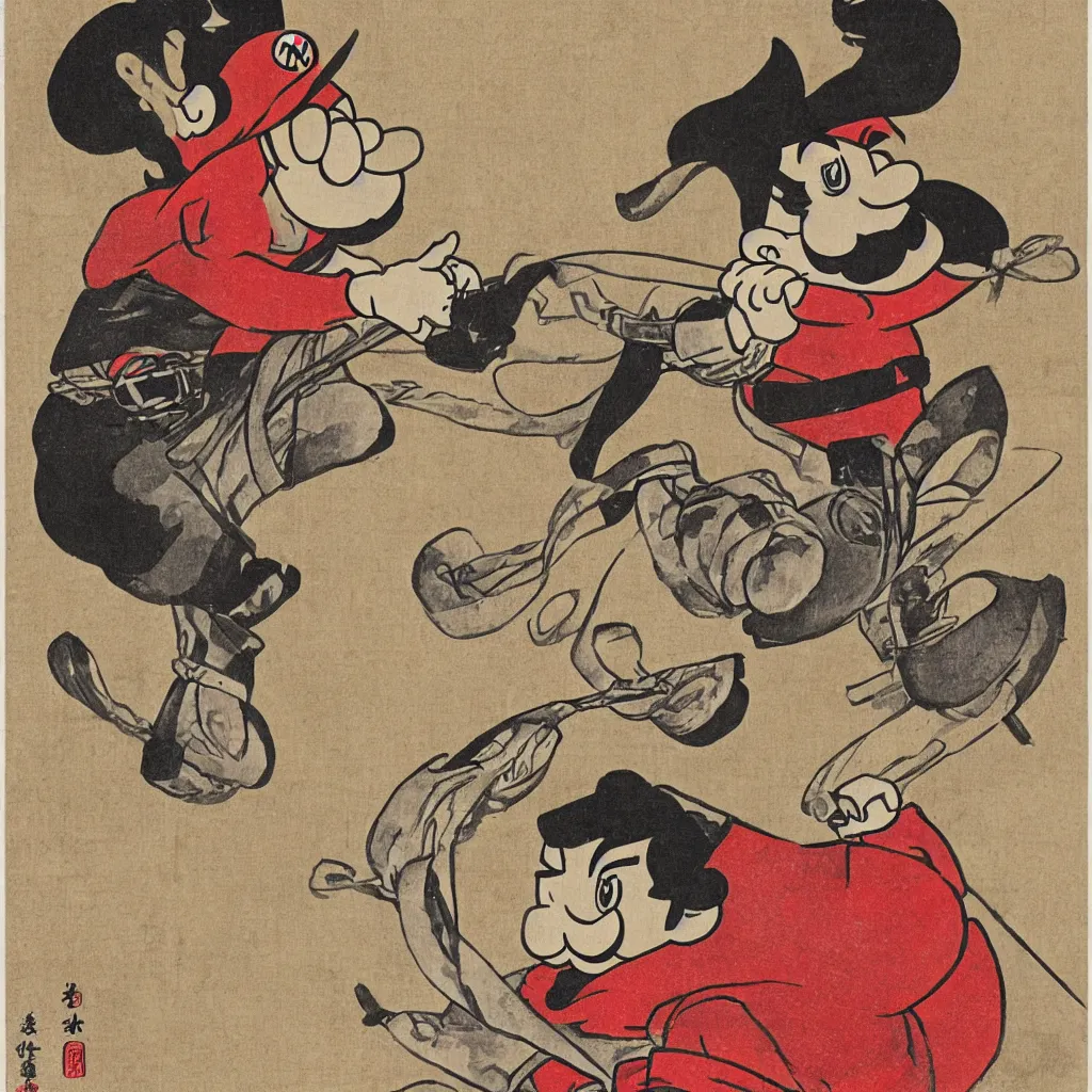 Image similar to Mario depicted as an Edo-era illustration