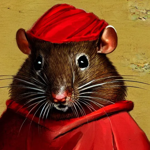 Prompt: a portrait of splinter the brown rat in red kimono in the style of Rembrandt, painting, realistic, digital art