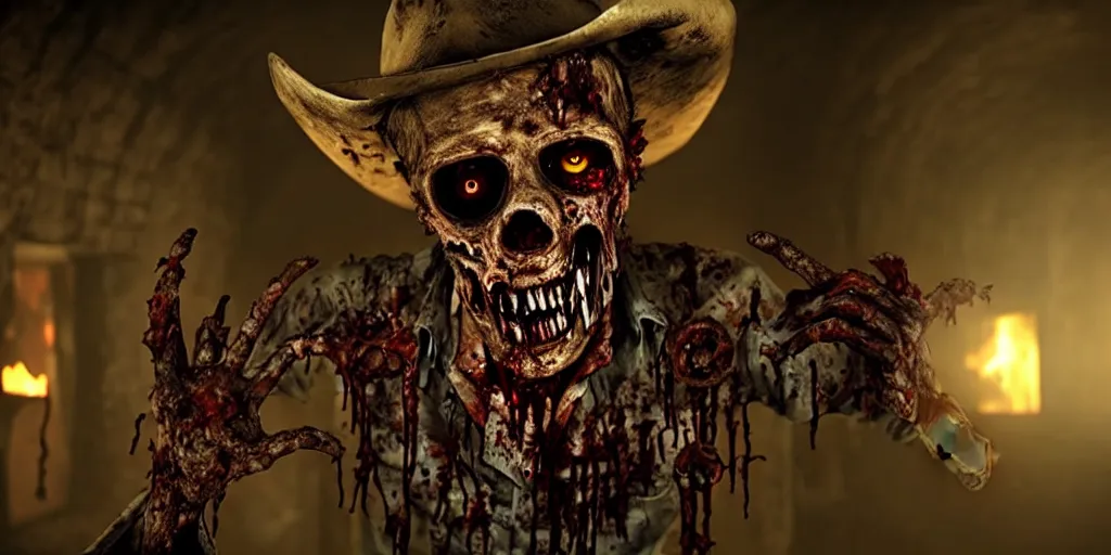 Prompt: A rotted zombie cowboy in a dark tomb, hyper detailed, in a movie directed by Sam Rami , cinematic