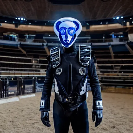 Prompt: medium face shot of adult Austin Butler with exposed head ((((mask)))), dressed in black-prussian blue futuristic-tudoresque clothing with embroidered-Ram-emblem, and nanocarbon-vest, in an arena in Dune 2021, XF IQ4, f/1.4, ISO 200, 1/160s, 8K