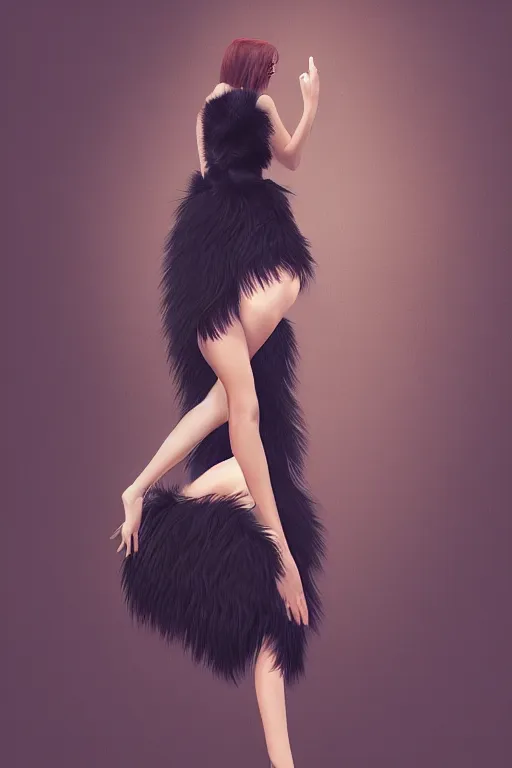 Prompt: full body aesthetic digital illustration of a beautiful young woman wearing a furry black cocktail dress, by wlop and Julia Razumova, realistic, photorealistic, cosplay, octane, deviantArt, trending on artstation, artstation HQ