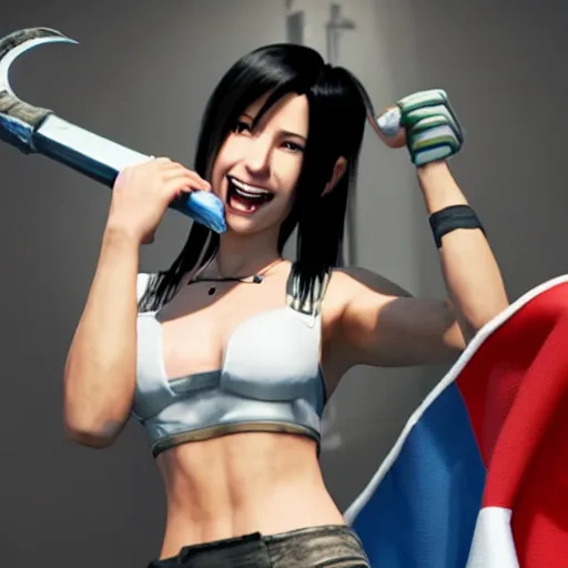 Image similar to Tifa Lockhart from Final Fantasy VII Remake (2020) laughing with the Italian flag in the background