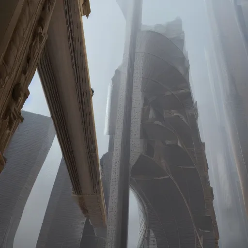 Prompt: fuming effigy, skybridge towers, beings of astonishing structure, high detail, cinematic, cgsociety 8k