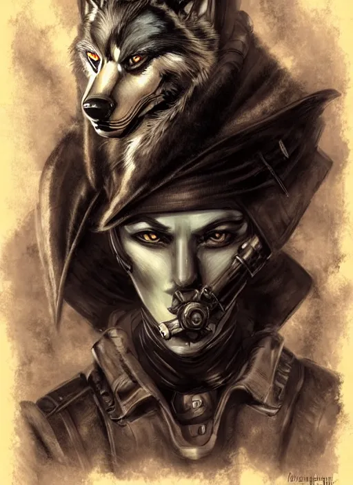 Image similar to dieselpunk wolf, fantasy, art station, dramatic, concept art, portrait