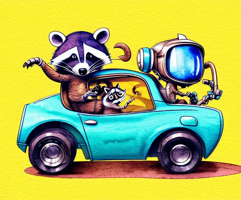 Image similar to cute and funny, racoon wearing a helmet riding in a tiny hot rod with oversized engine, ratfink style by ed roth, centered award winning watercolor pen illustration, isometric illustration by chihiro iwasaki, edited by beeple, tiny details by artgerm, symmetrically isometrically centered