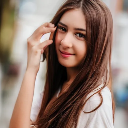 Image similar to real life photo of a beautiful girl, full body photoshoot, long brown hair, brown eyes, full round face, short smile, casual clothes, highly detailed, xf iq 4, 1 5 0 mp, 5 0 mm, f 1. 4, iso 2 0 0, natural light, adobe photoshop, adobe lightroom