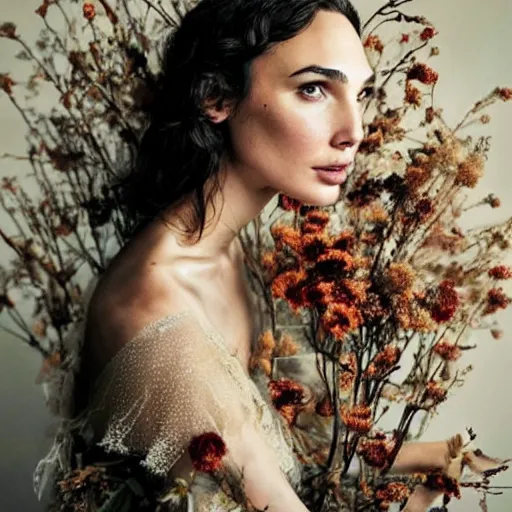 Prompt: full body fine art photo of the beauty gal gadot, she has a crown of dried flowers and is wearing a fashionist conceptaul dress made of dried roses, taken by oleg oprisco