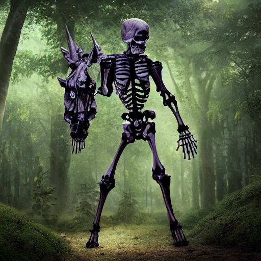 Image similar to a skeletal centaur in a magical forest, nekro style. Very detailed 8k