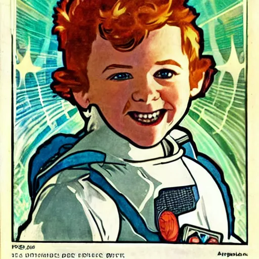 Image similar to a cute little boy with a mischievous face and short ginger hair. he is dressed as an astronaut. well composed, clean elegant painting, beautiful detailed face. comic book art by steve ditko and jack kirby and ( alphonse mucha )