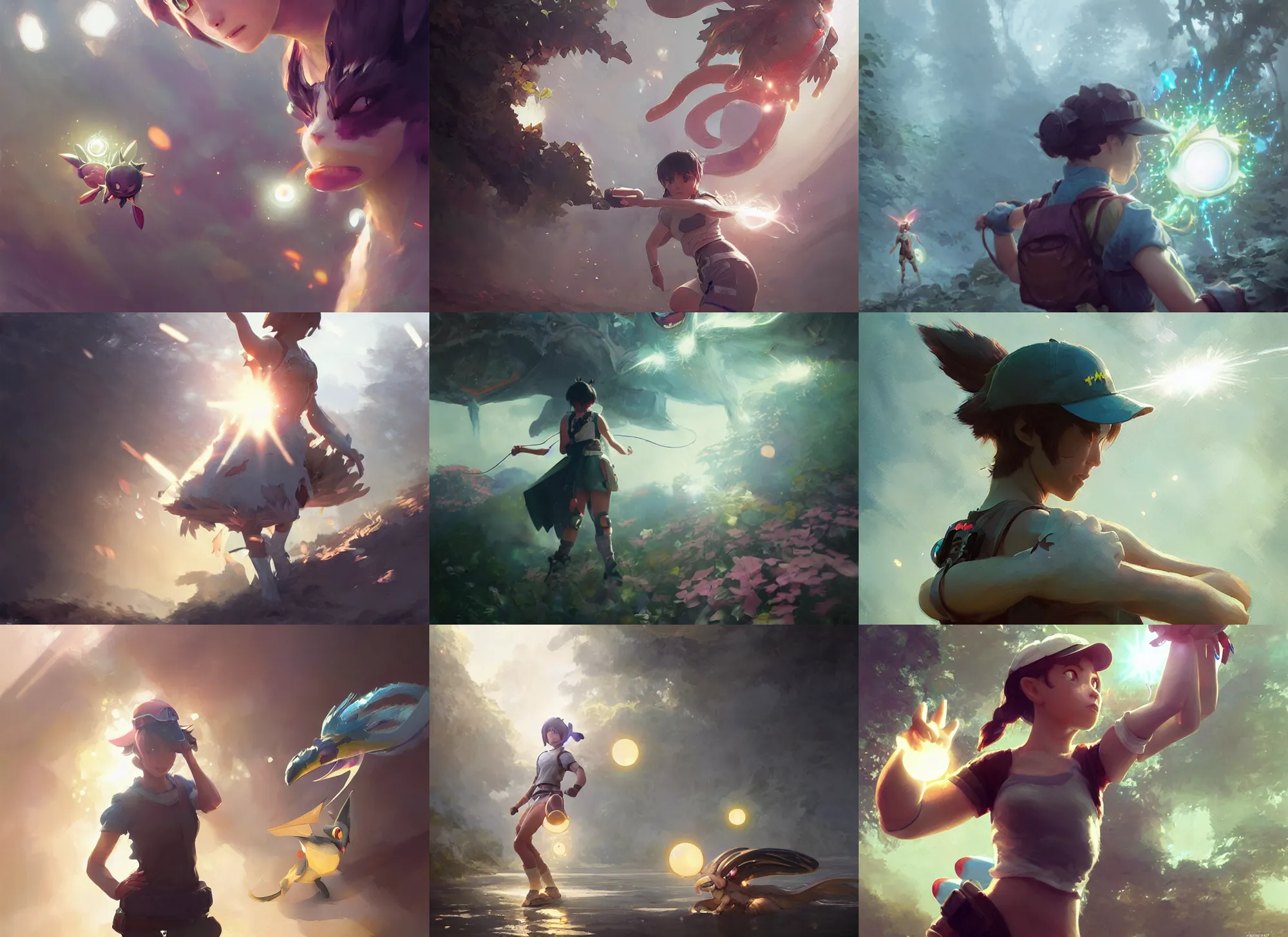 Prompt: worm's eye view of a female pokemon trainer, intricate, sharp focus, lens flare, bloom, illustration, highly detailed, digital painting, concept art, matte, art by ruan jia and wlop and greg rutkowski, masterpiece