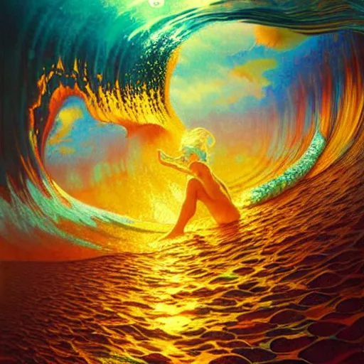 Image similar to ocean wave crashing around giant psychedelic mushroom, lsd water, dmt waves, backlit, sunset, refracted lighting, art by collier, albert aublet, krenz cushart, artem demura, alphonse mucha