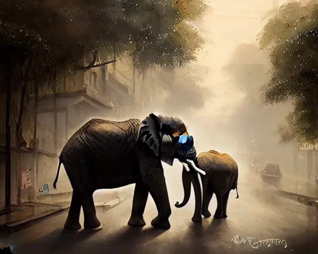 Image similar to An elephant walking down a street in Guwahati city. By Greg Rutkowski, trending on ArtStattion