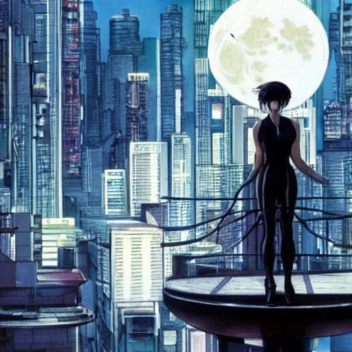Image similar to ghost in the shell, high roof, moon
