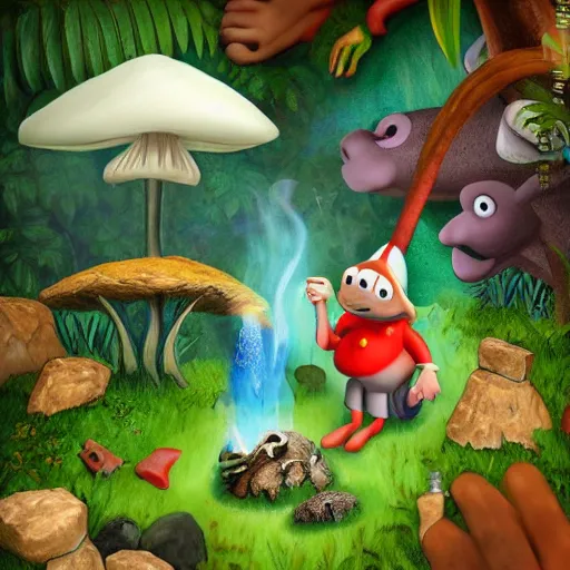 Prompt: super realistic, trip, mushrroom with cartoon eyes smoking a pipe in the jungle, highly detailed