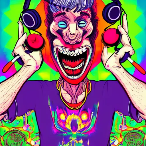 Image similar to artgerm, psychedelic laughing demon, rocking out, headphones dj rave, digital artwork, r. crumb, svg vector